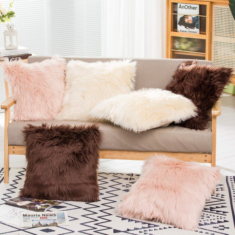HYSEAS Set of 2 Decorative Faux Fur Throw Pillow Covers  Pale Pink Fluffy Soft Fuzzy Square Cushion Cover Pillow Case for Sofa  Couch  Chair  Bed  Cafe  18 x 18 Inches - Image 3